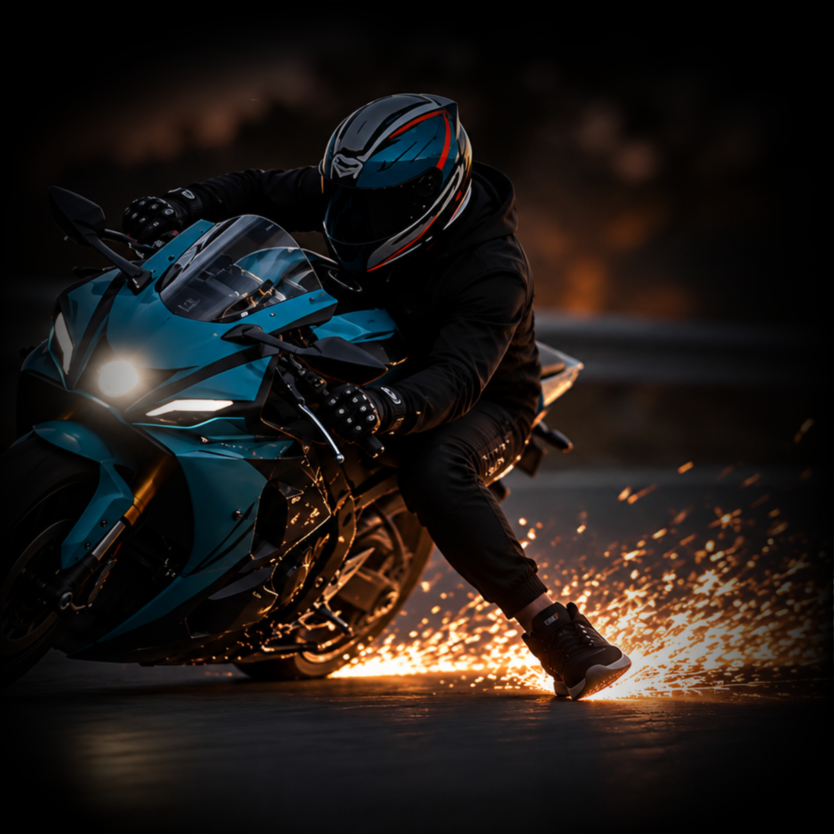 Riding boot with a heel spark plate throwing sparks on asphalt